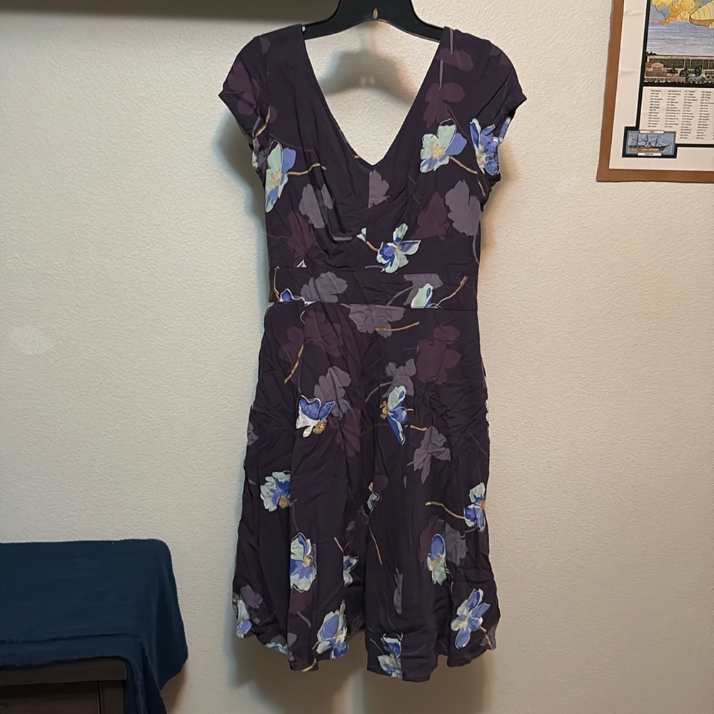 EShakti Women’s Dress Sz 10, Smocked Waist Blue & Purple Flower print, pockets